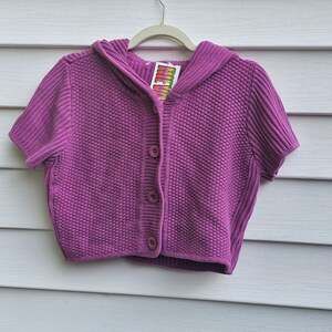 Women’s L Pink Chunky Knit Hooded Cardigan Short Sleeve Retro Y2K Cottagecore